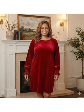 NINE WEST Red Velvet Long Sleeve Midi Dress Sz XL